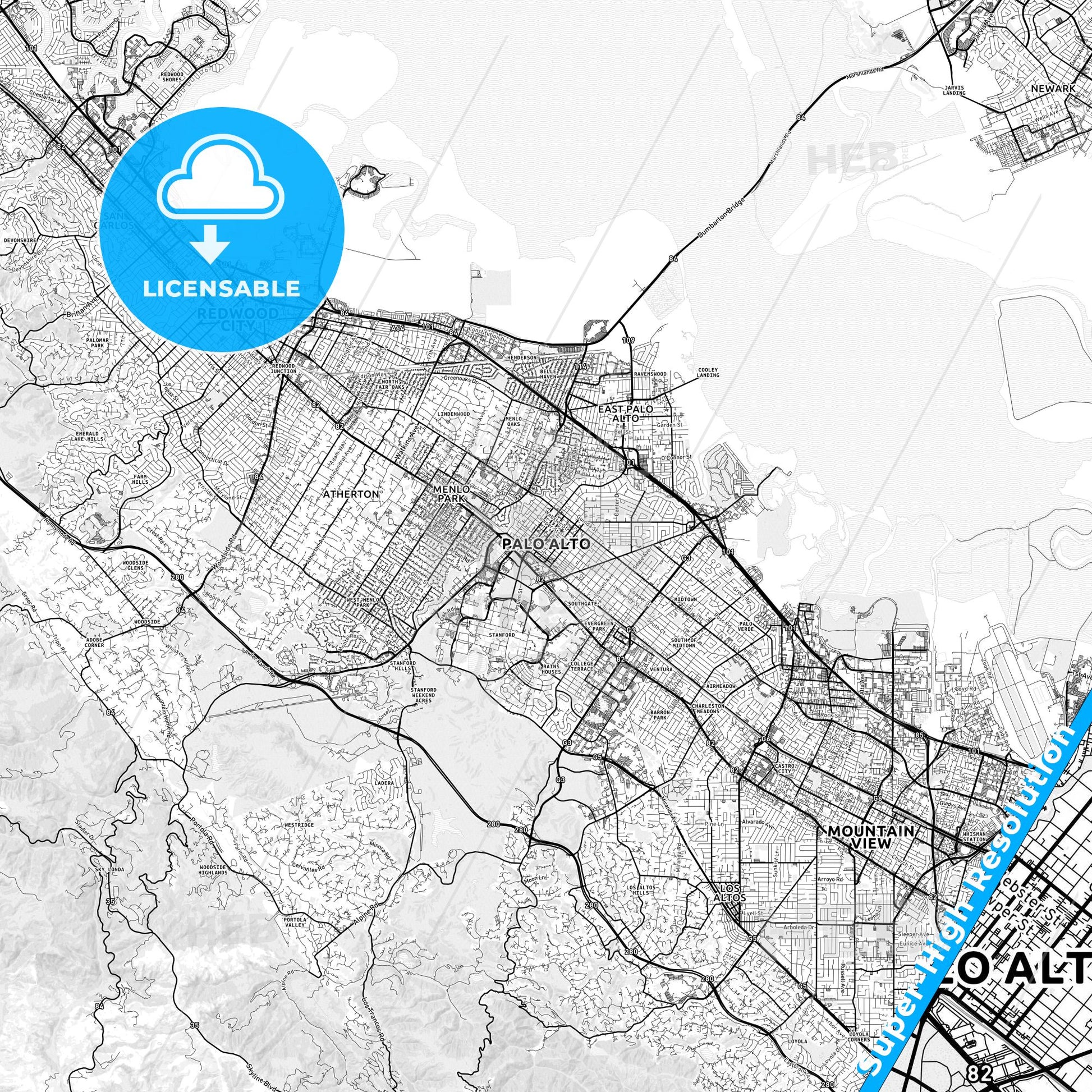 Palo Alto, California light map with streetnames, citynames and districts