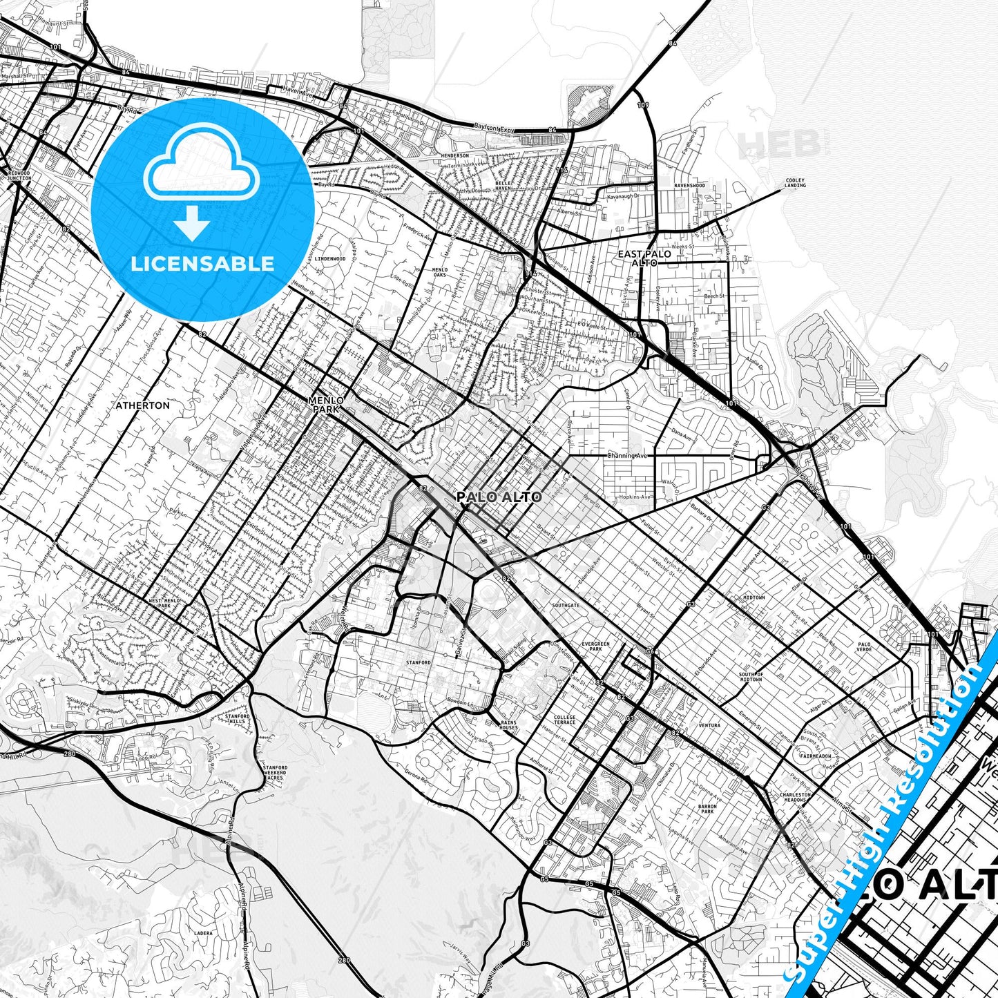 Palo Alto, California Light Map with Street Names, City Names, and Districts