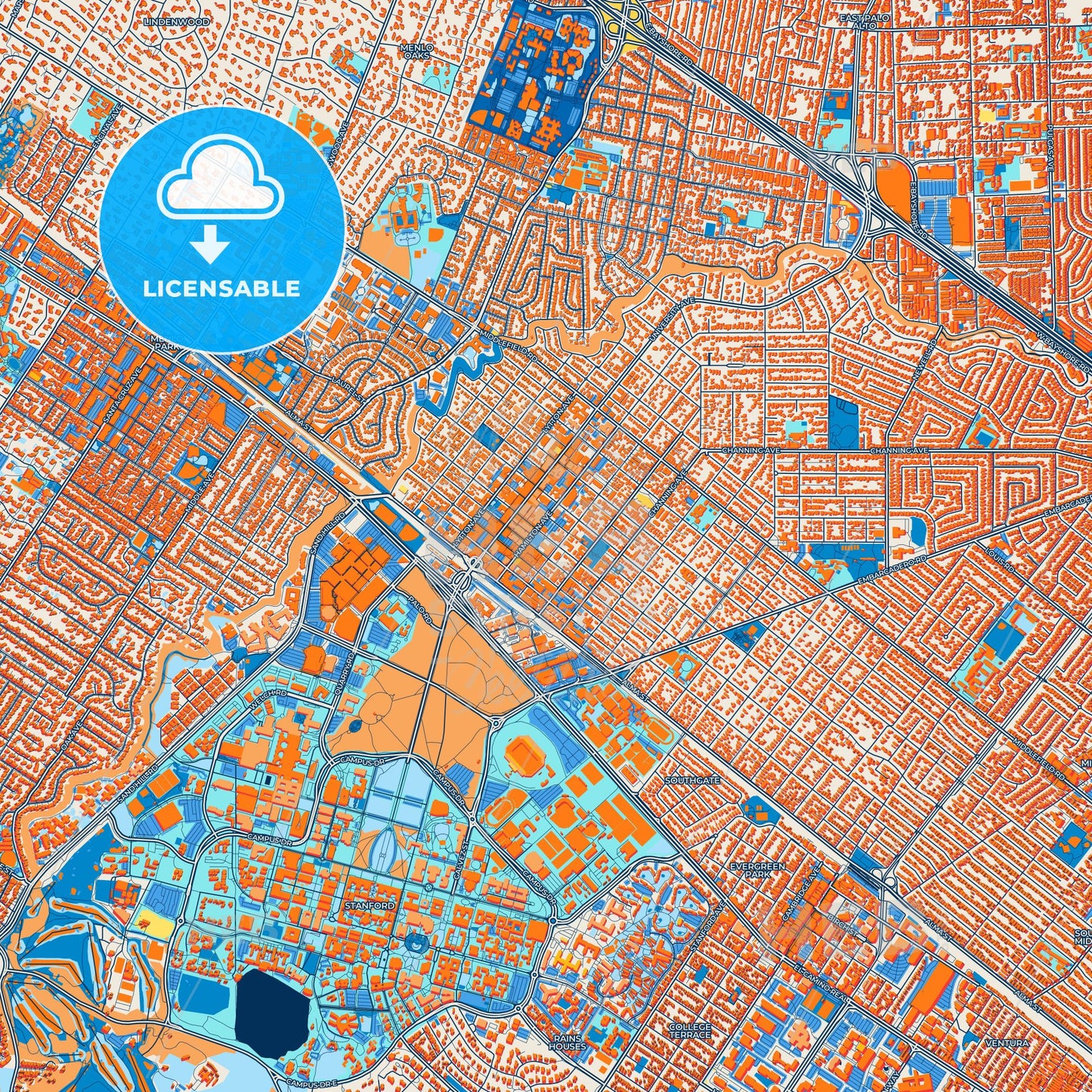 Colorful Palo Alto Street Map with Labels and Buildings
