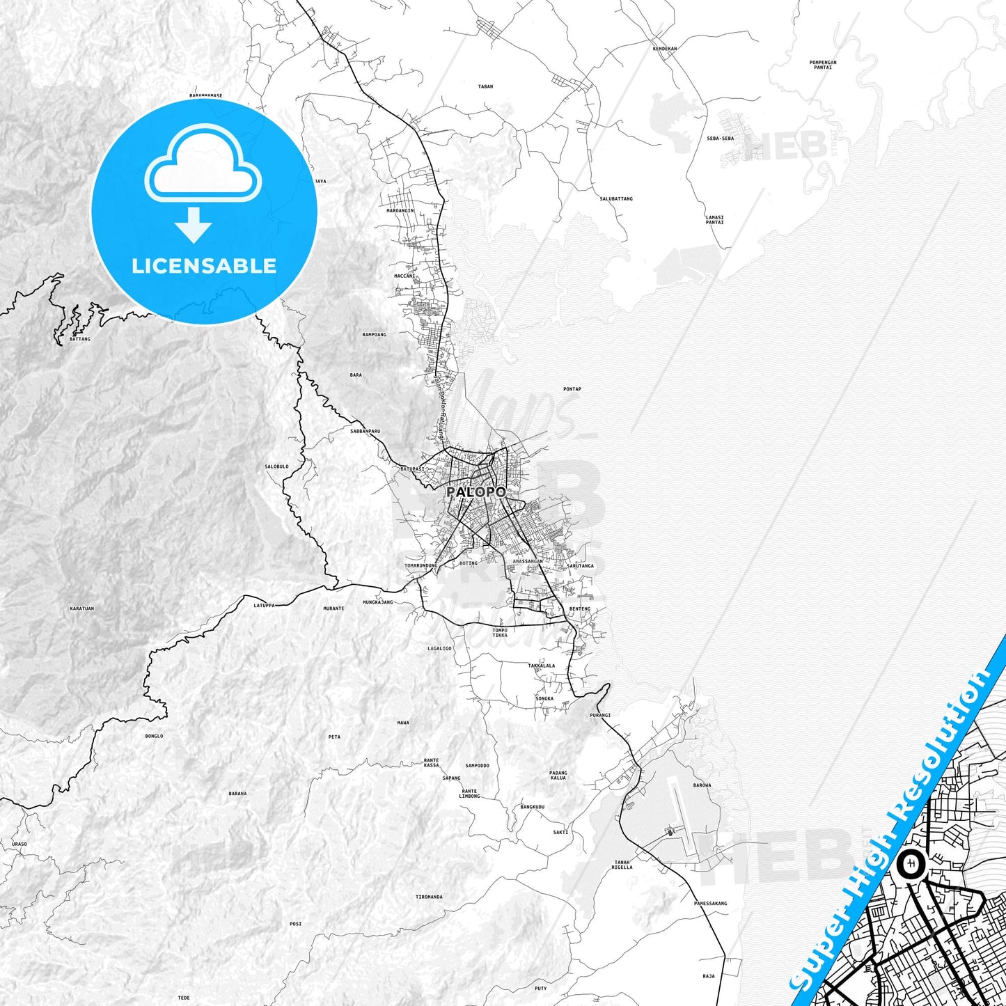 Palopo, Indonesia light map with streetnames, citynames and districts