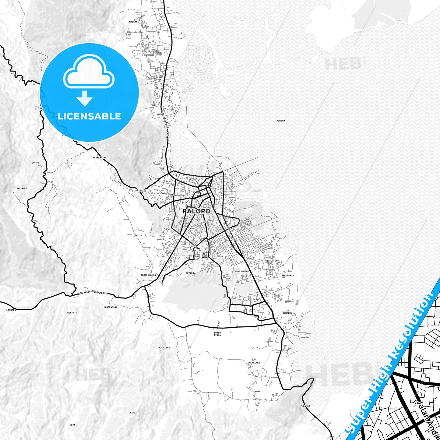 Palopo, Indonesia Light Map with Street Names, City Names, and Districts