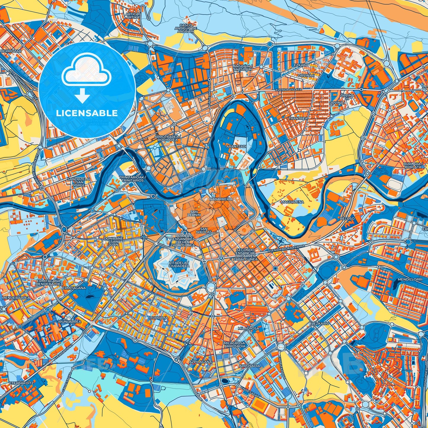 Colorful Pamplona Street Map with Labels and Buildings