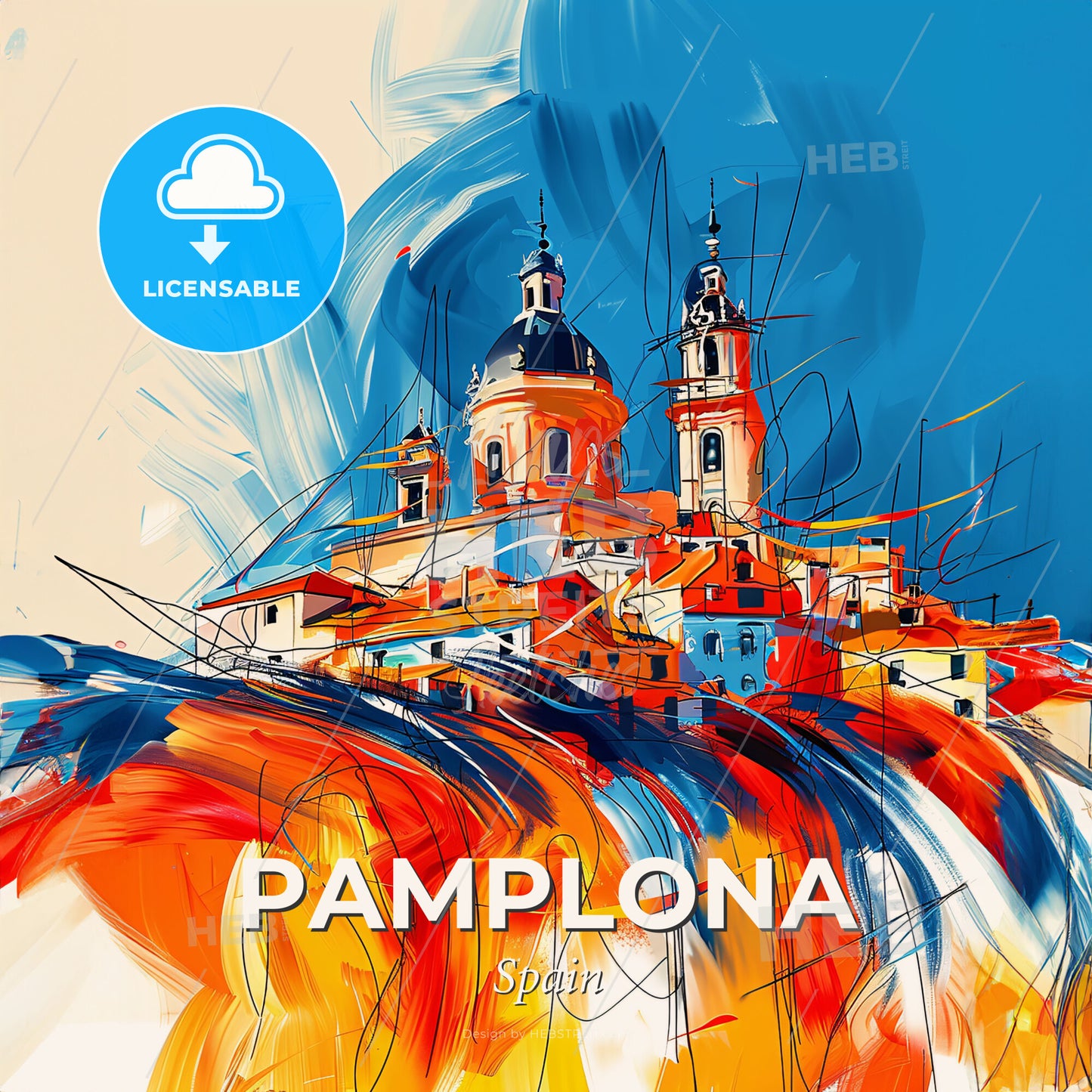 Vibrant Pamplona, Spain - A Painting Of A Building With A Blue Sky - Square format print template