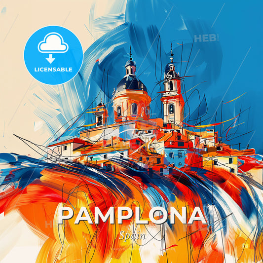 Vibrant Pamplona, Spain - A Painting Of A Building With A Blue Sky - Square format print template