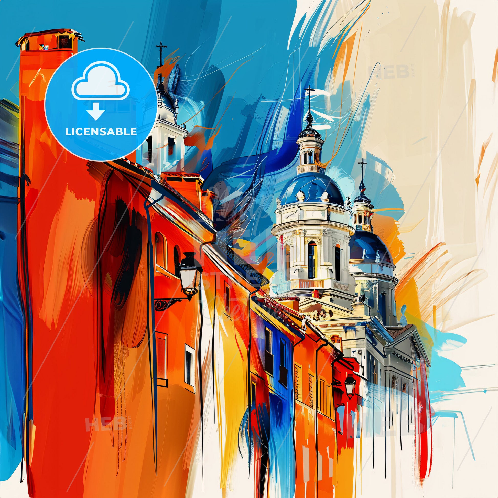 Vibrant Pamplona, Spain - A Colorful Painting Of Buildings With Domes
