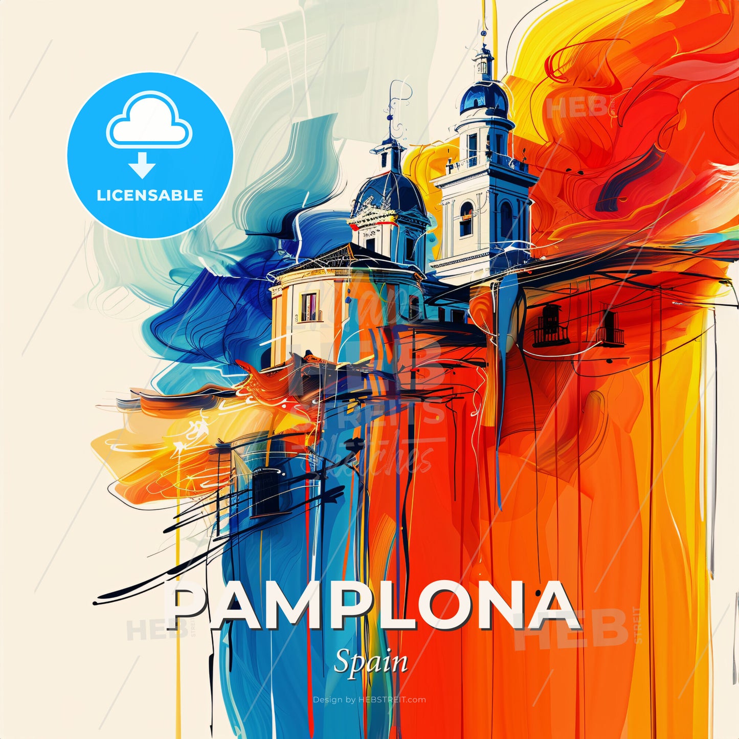 Vibrant Pamplona, Spain - A Painting Of A Building With A Colorful Background - Square format print template