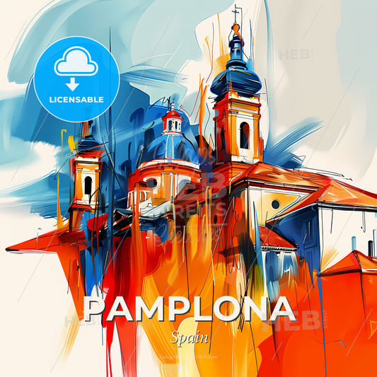 Vibrant Pamplona, Spain - A Painting Of A Building With A Colorful Background - Square format print template