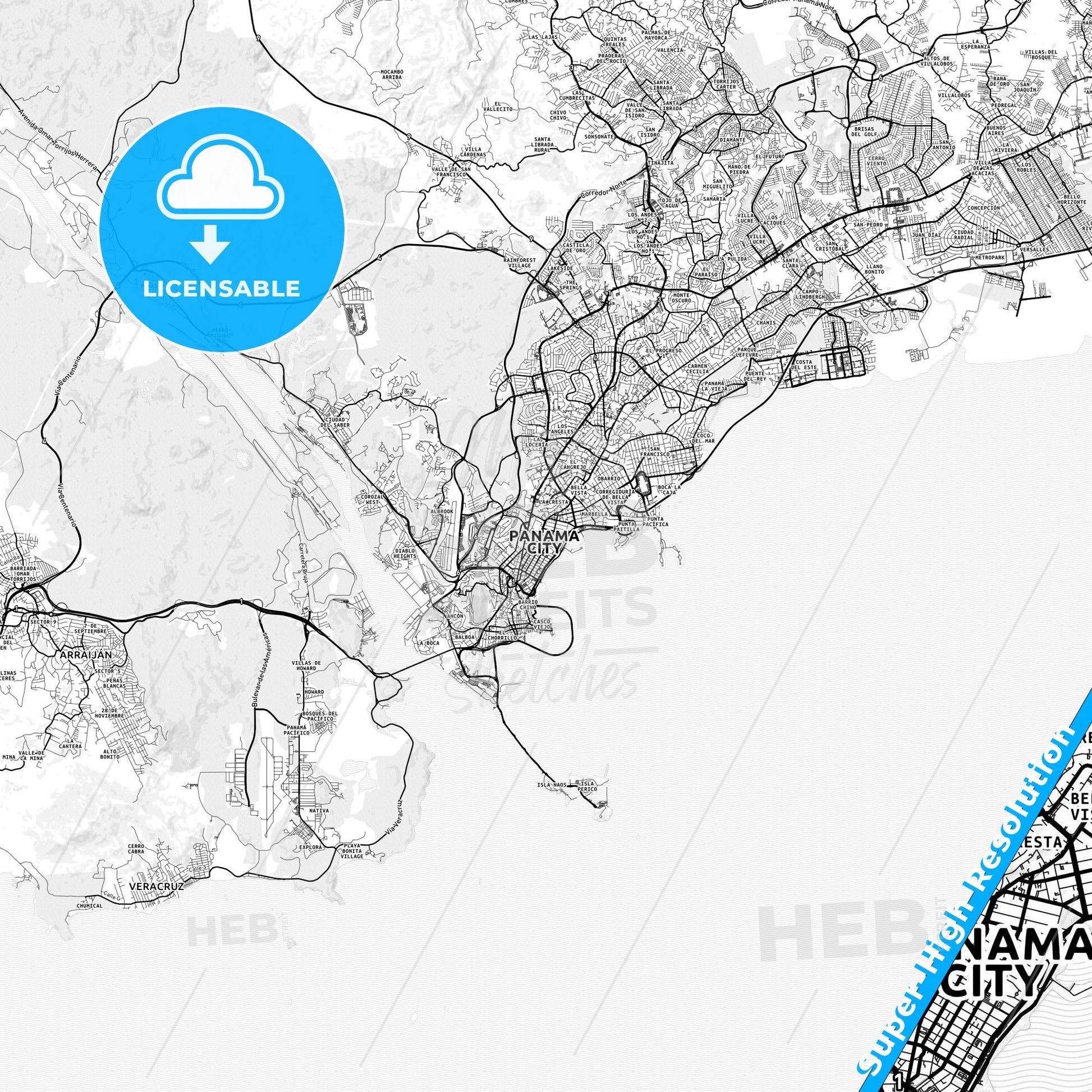 Panamá, Panama light map with streetnames, citynames and districts
