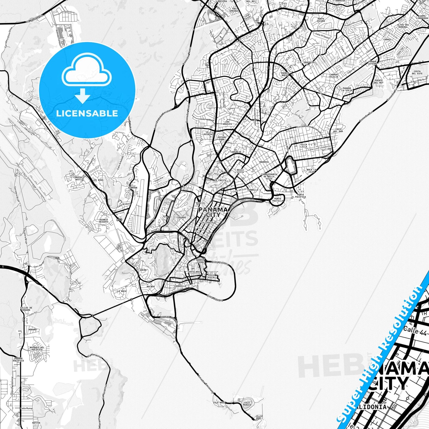 Panamá, Panama Light Map with Street Names, City Names, and Districts