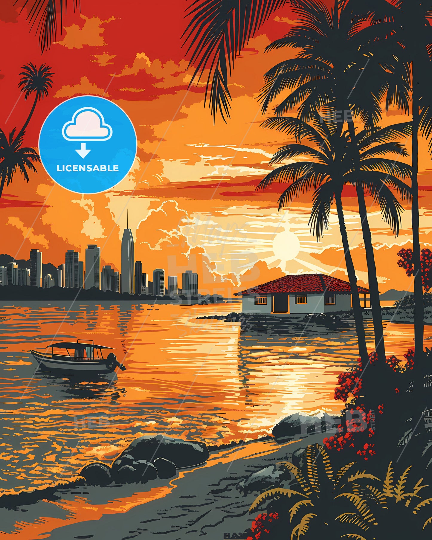 Vibrant Panama Sunset: Artistic Boat and City Silhouette at Water's Edge, North America