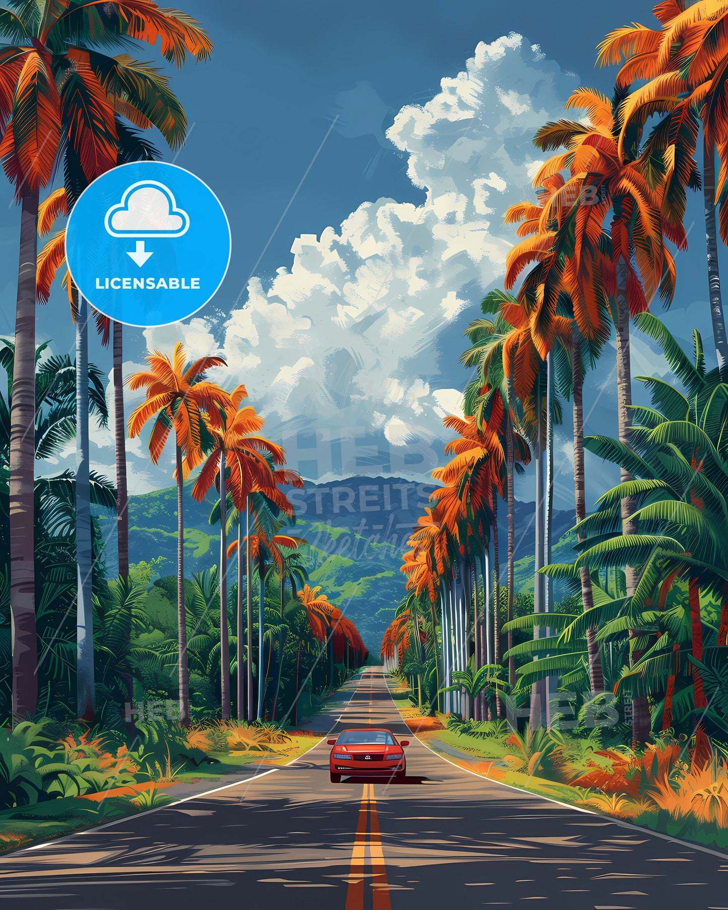 Vibrant Panama Roadside Art: Car amidst Palm Trees in North American Landscape