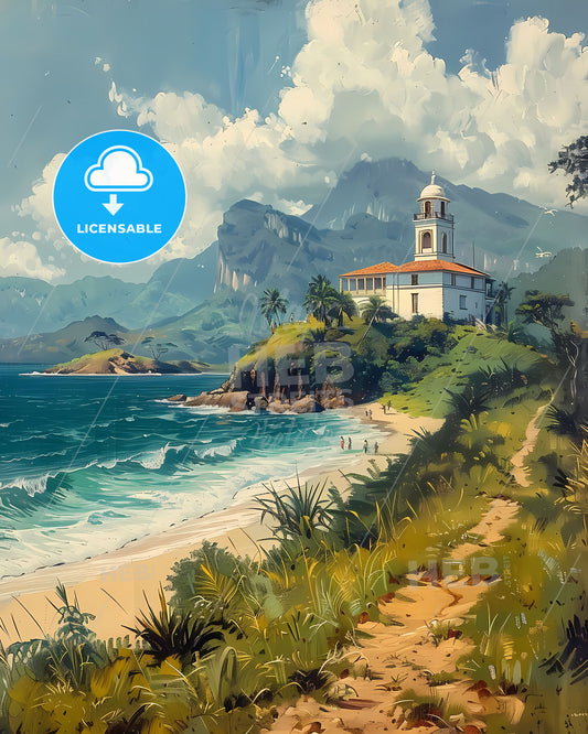 Colorful Expressionistic Painting of Beachfront Architecture in Panama, North America