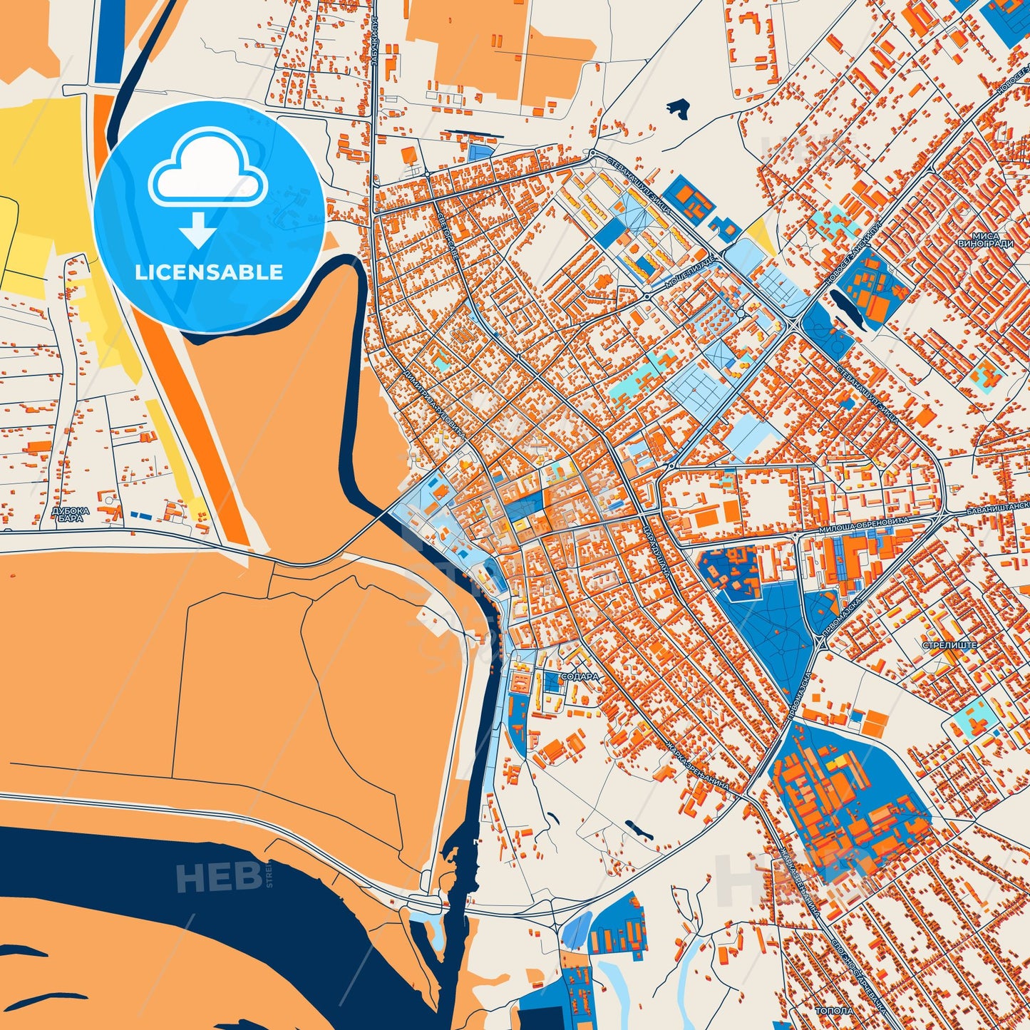 Colorful Pančevo Street Map with Labels and Buildings