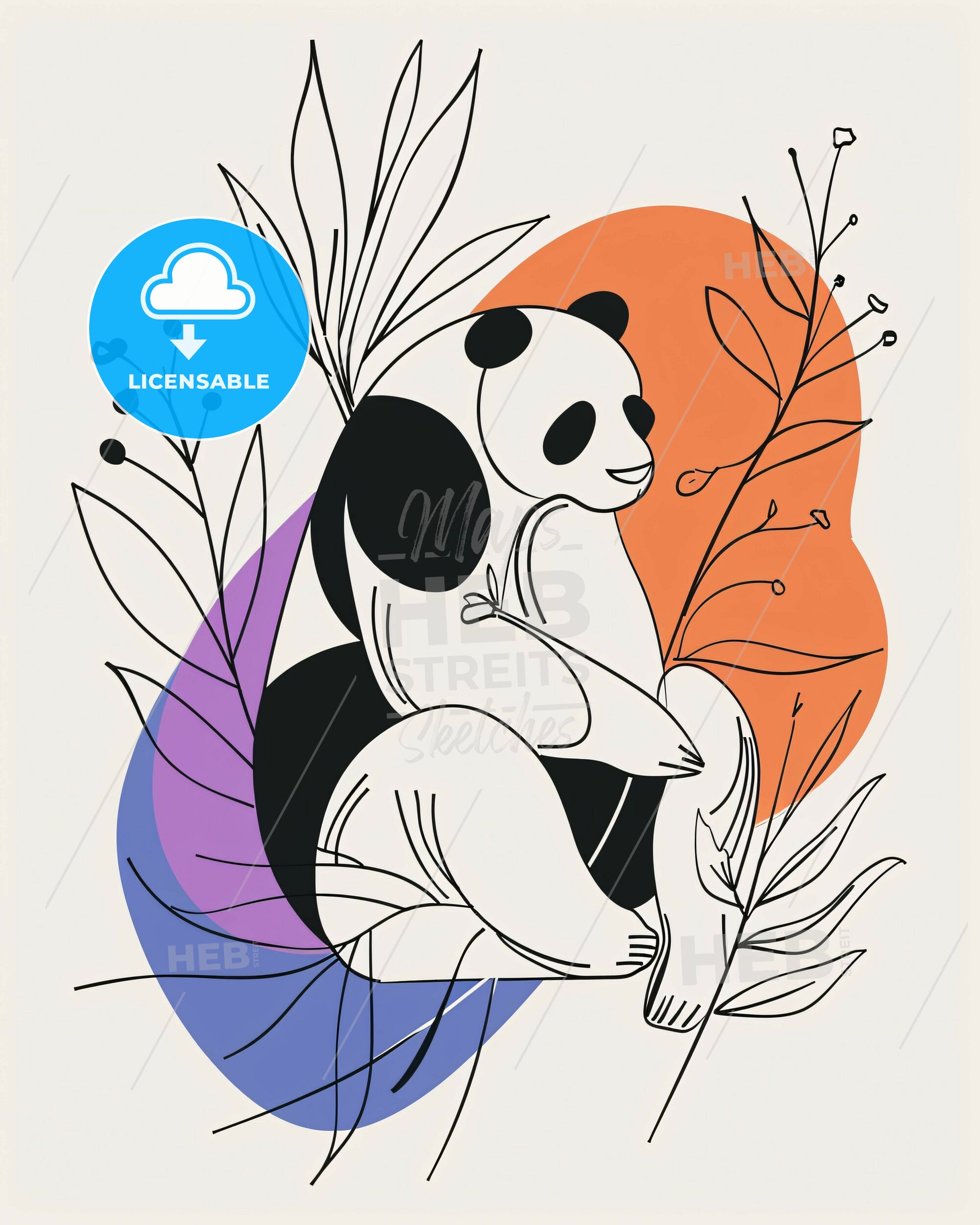 Modern Chengdu Panda Poster Art in Grayscale and Purple - A panda sitting on a branch