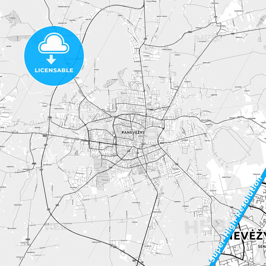 Panevėžys, Lithuania light map with streetnames, citynames and districts