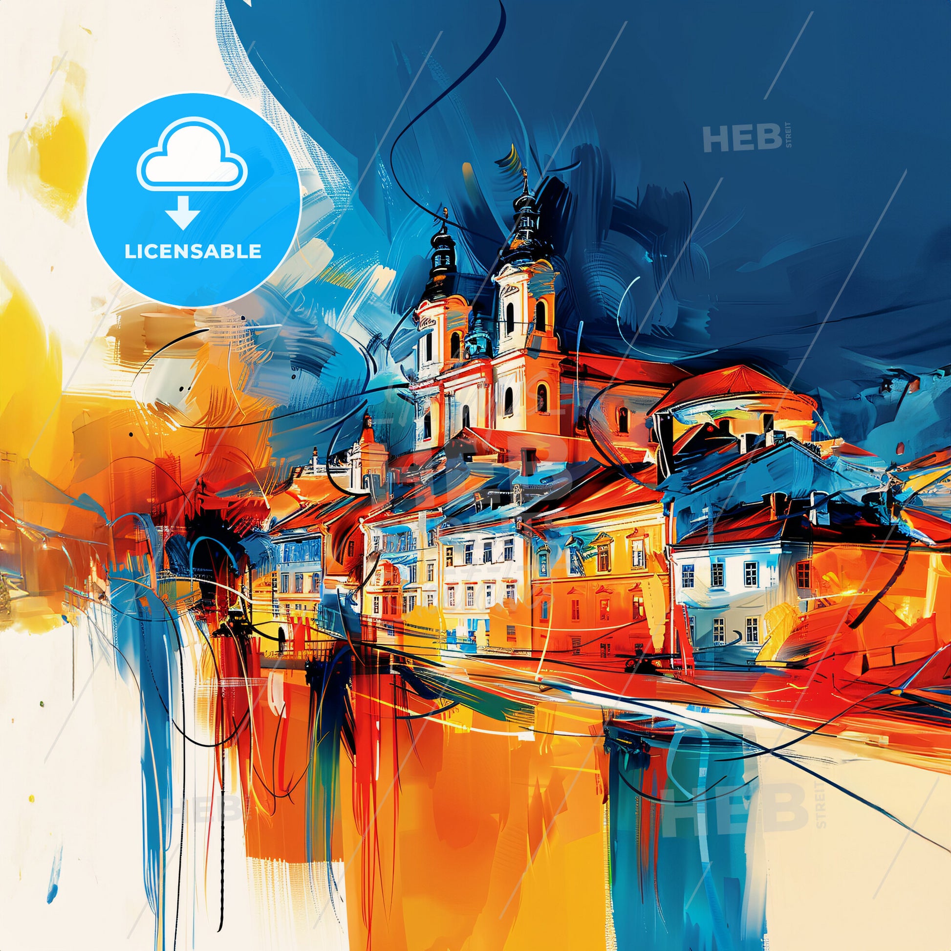 Vibrant Panevėžys, Lithuania - A Painting Of A Building With Towers And A River