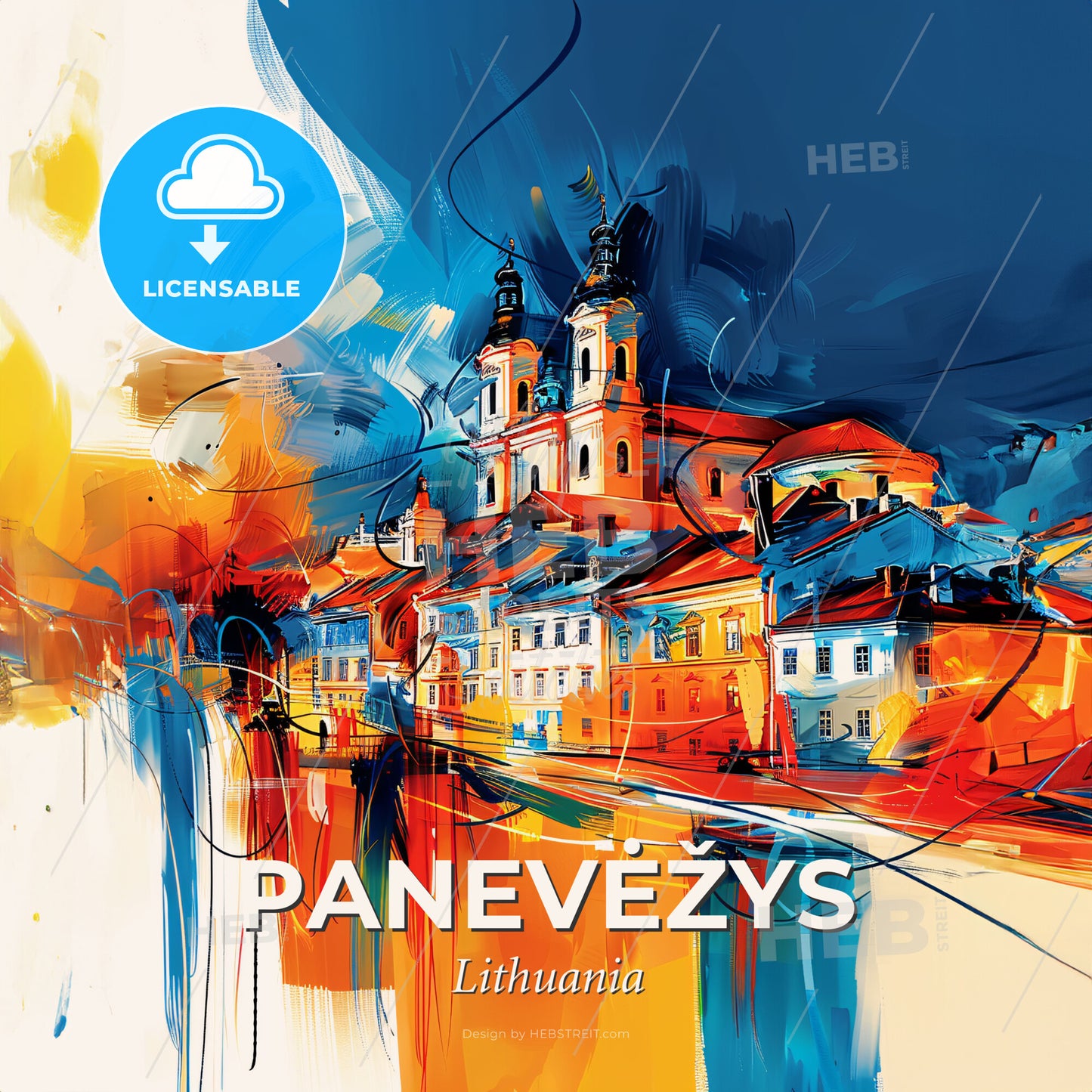 Vibrant Panevėžys, Lithuania - A Painting Of A Building With Towers And A River - Square format print template