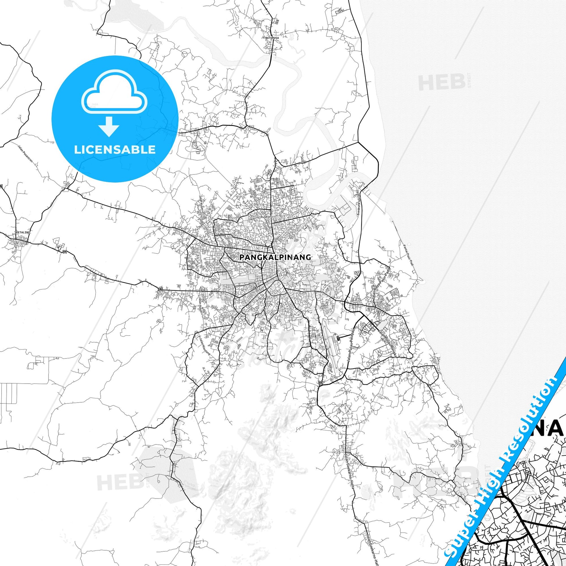 Pangkal Pinang, Indonesia light map with streetnames, citynames and districts