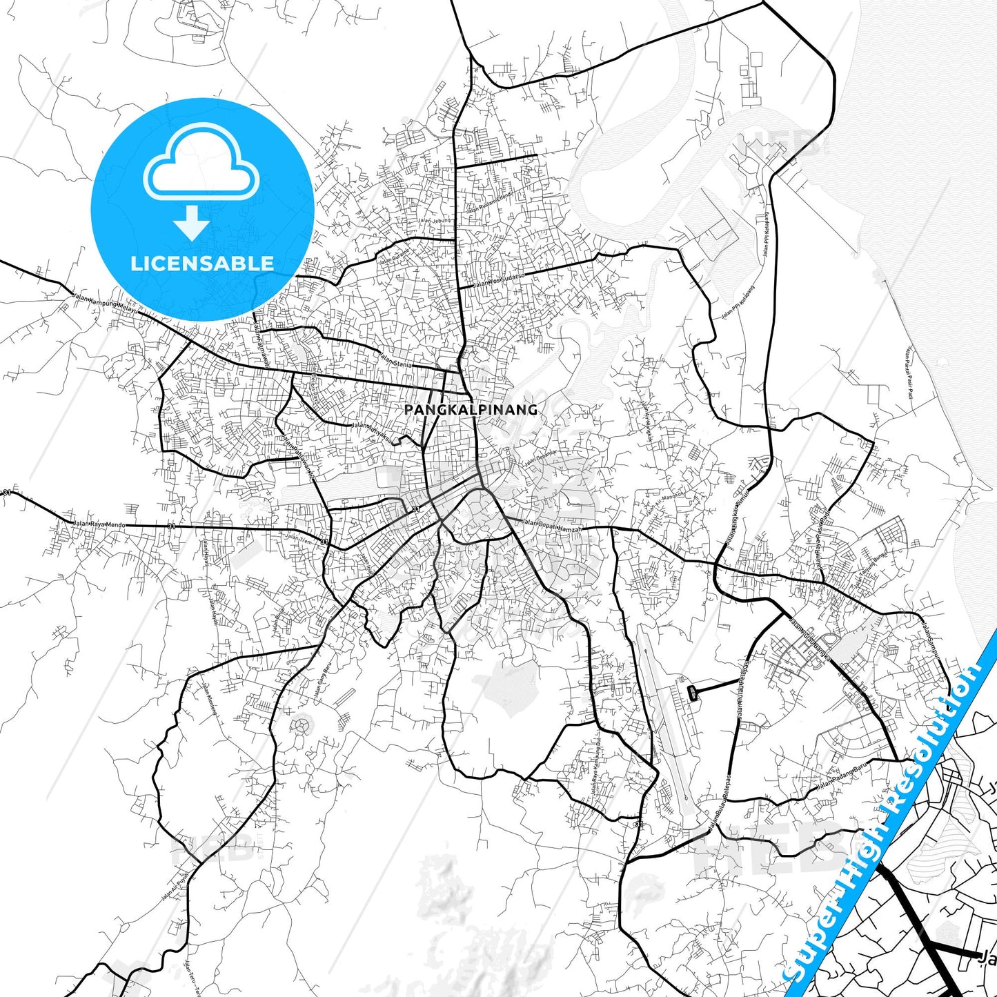 Pangkal Pinang, Indonesia Light Map with Street Names, City Names, and Districts