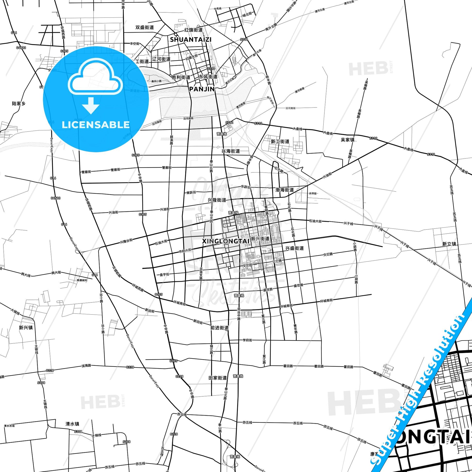 Panjin, China light map with streetnames, citynames and districts