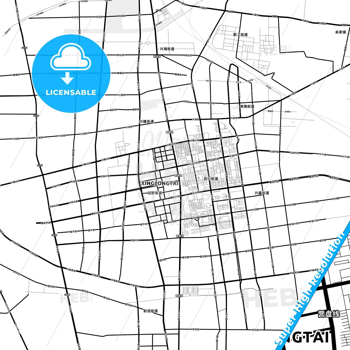 Panjin, China Light Map with Street Names, City Names, and Districts