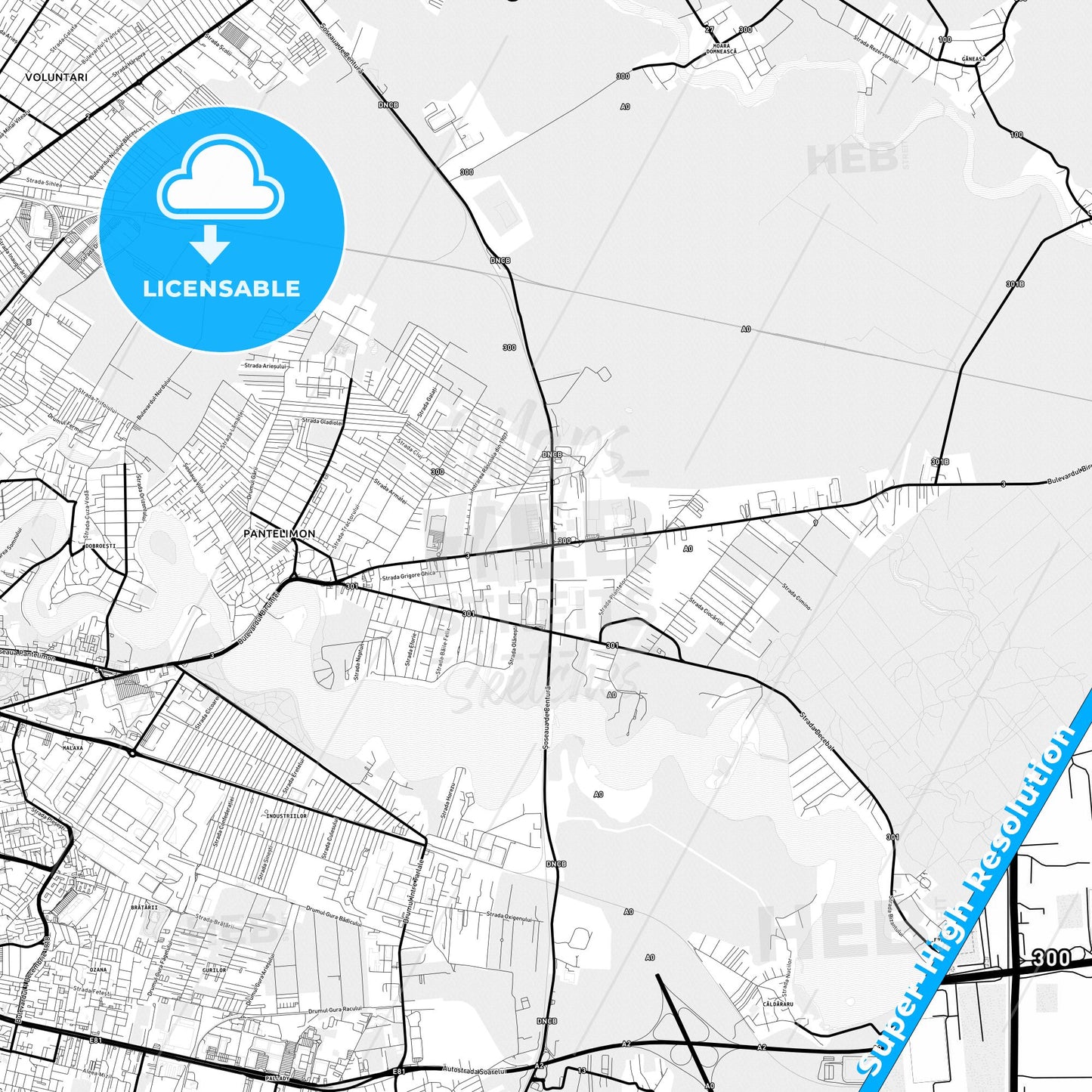 Pantelimon, Romania Light Map with Street Names, City Names, and Districts