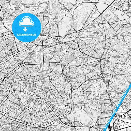 Pantin, France light map with streetnames, citynames and districts