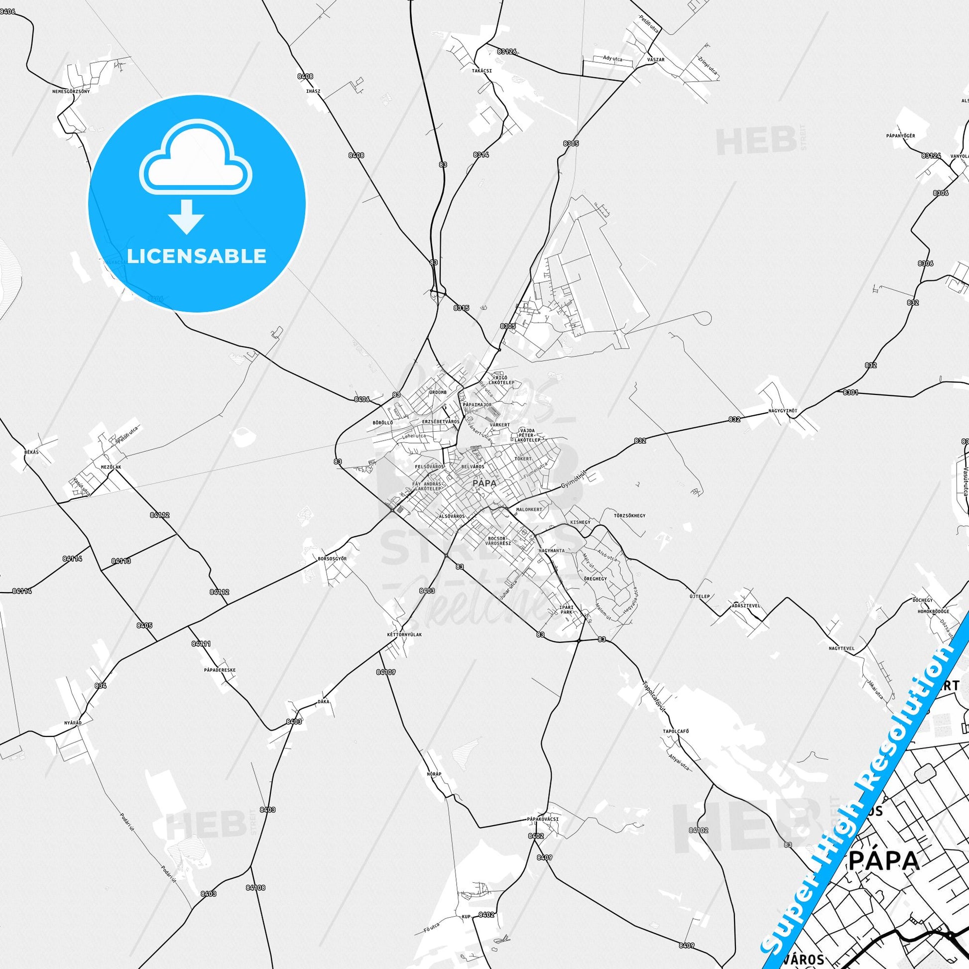 Pápa, Hungary light map with streetnames, citynames and districts