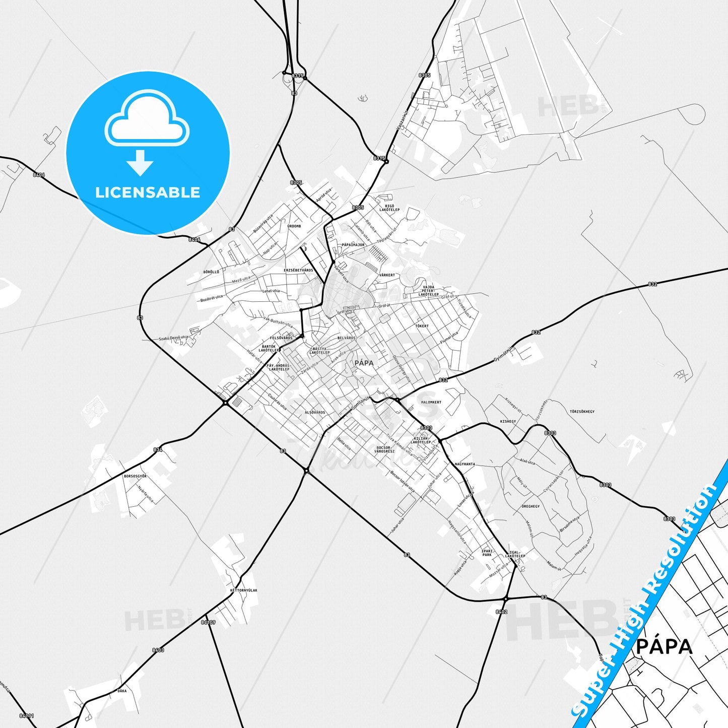 Pápa, Hungary Light Map with Street Names, City Names, and Districts