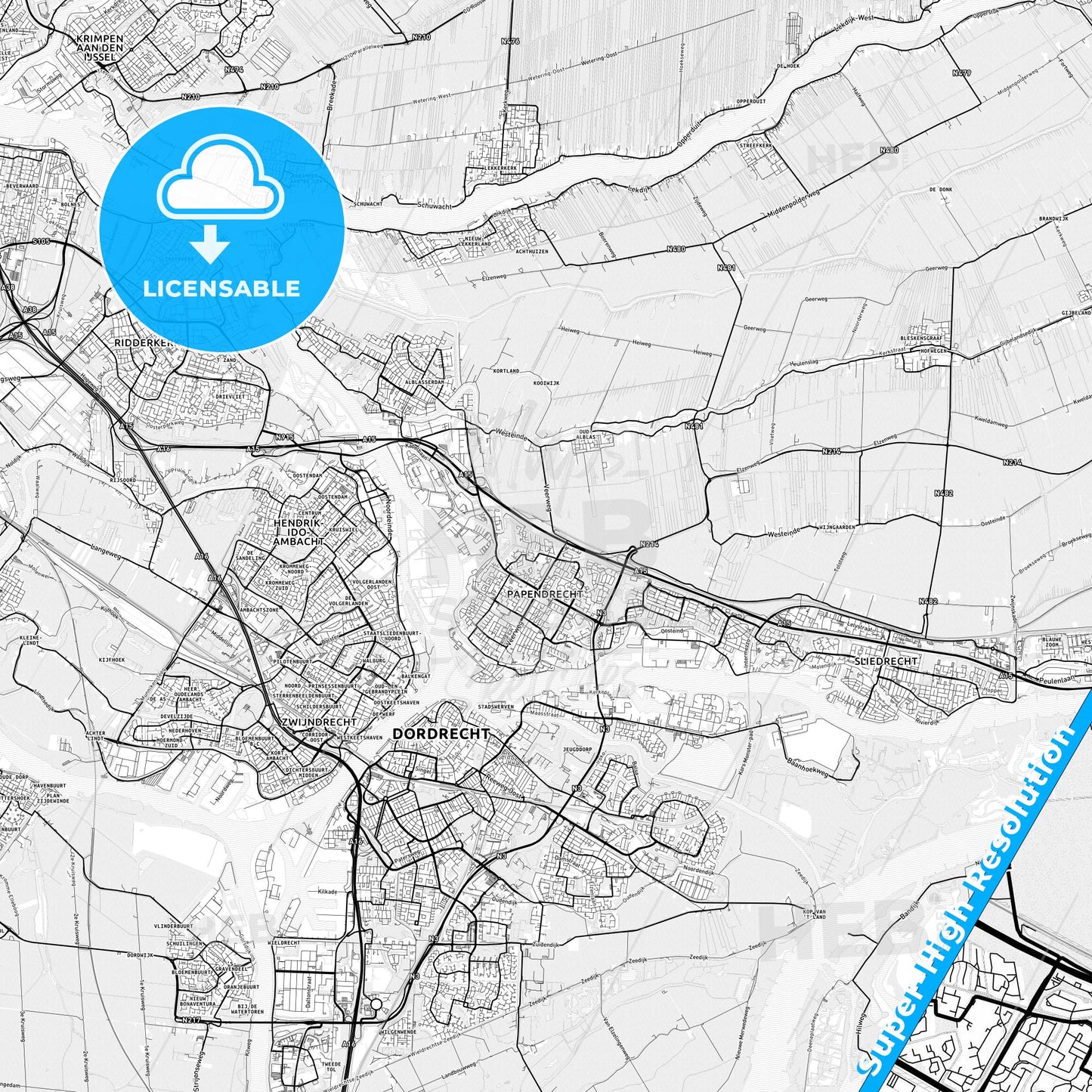 Papendrecht, Netherlands light map with streetnames, citynames and districts