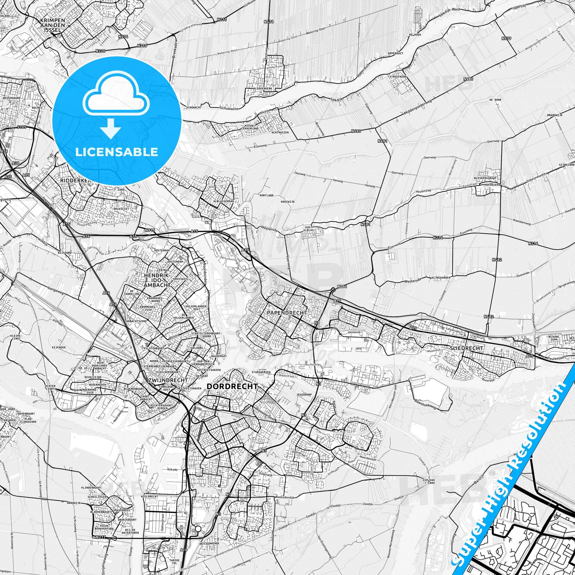 Papendrecht, Netherlands light map with streetnames, citynames and districts
