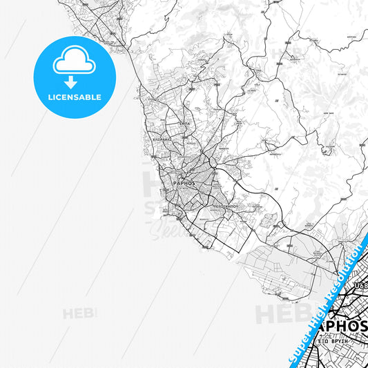 Paphos  , Cyprus light map with streetnames, citynames and districts
