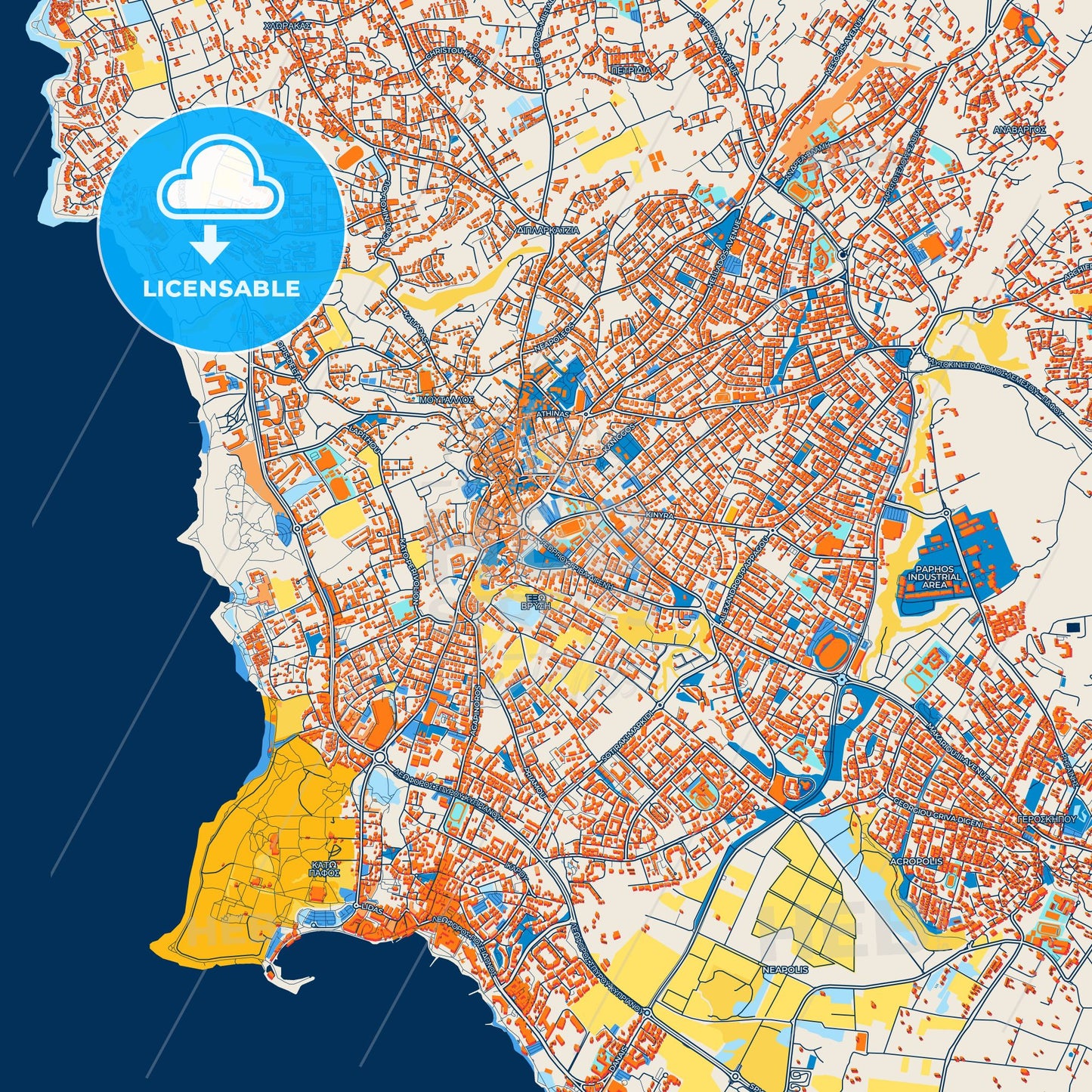 Colorful Paphos   Street Map with Labels and Buildings