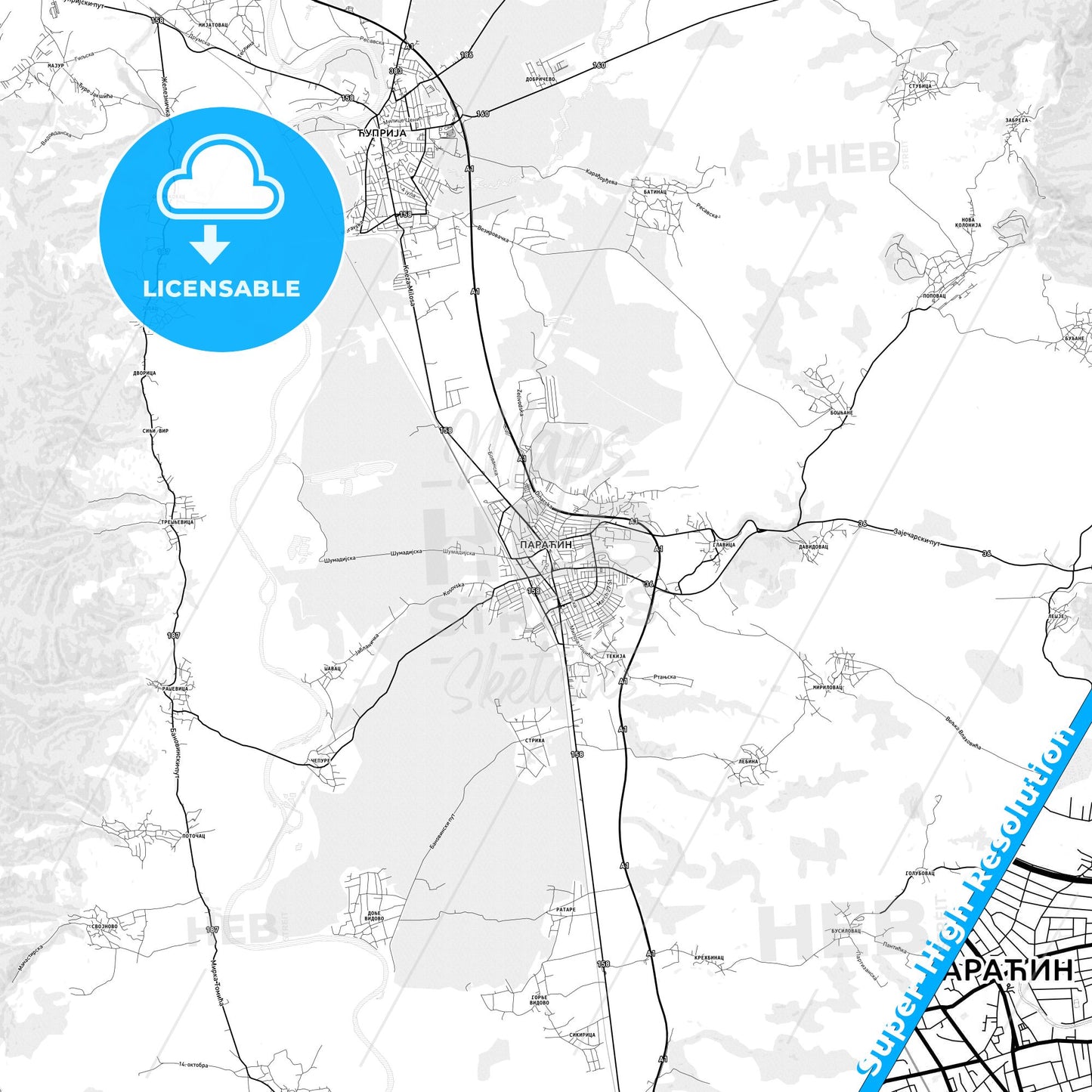 Paraćin, Serbia light map with streetnames, citynames and districts