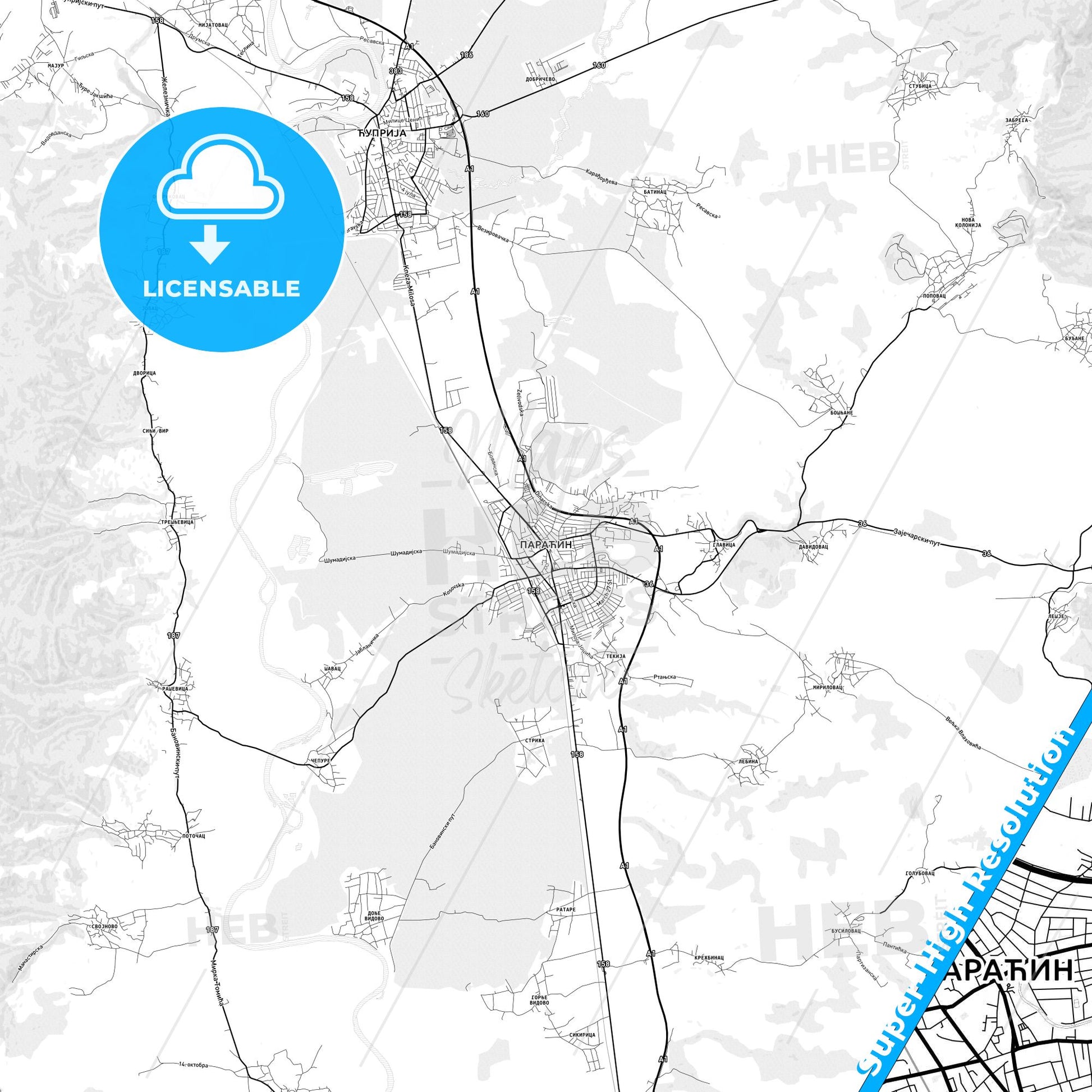 Paraćin, Serbia light map with streetnames, citynames and districts