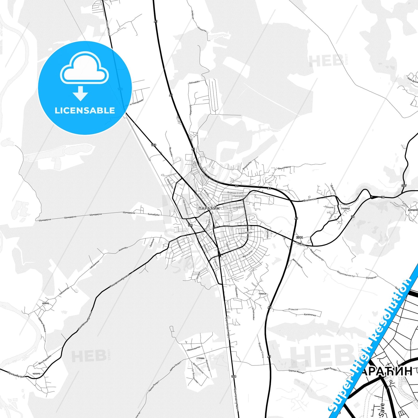Paraćin, Serbia Light Map with Street Names, City Names, and Districts