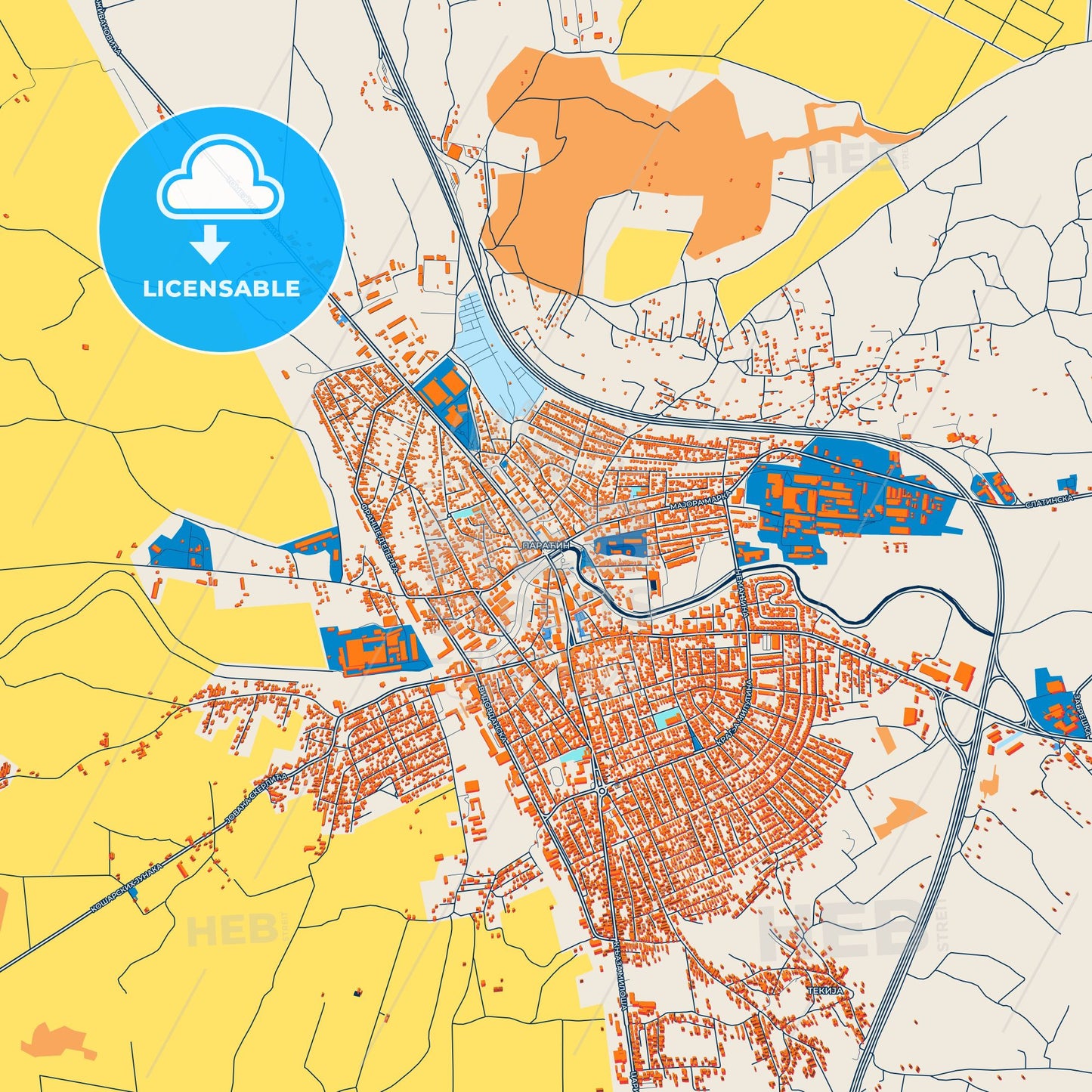 Colorful Paraćin Street Map with Labels and Buildings