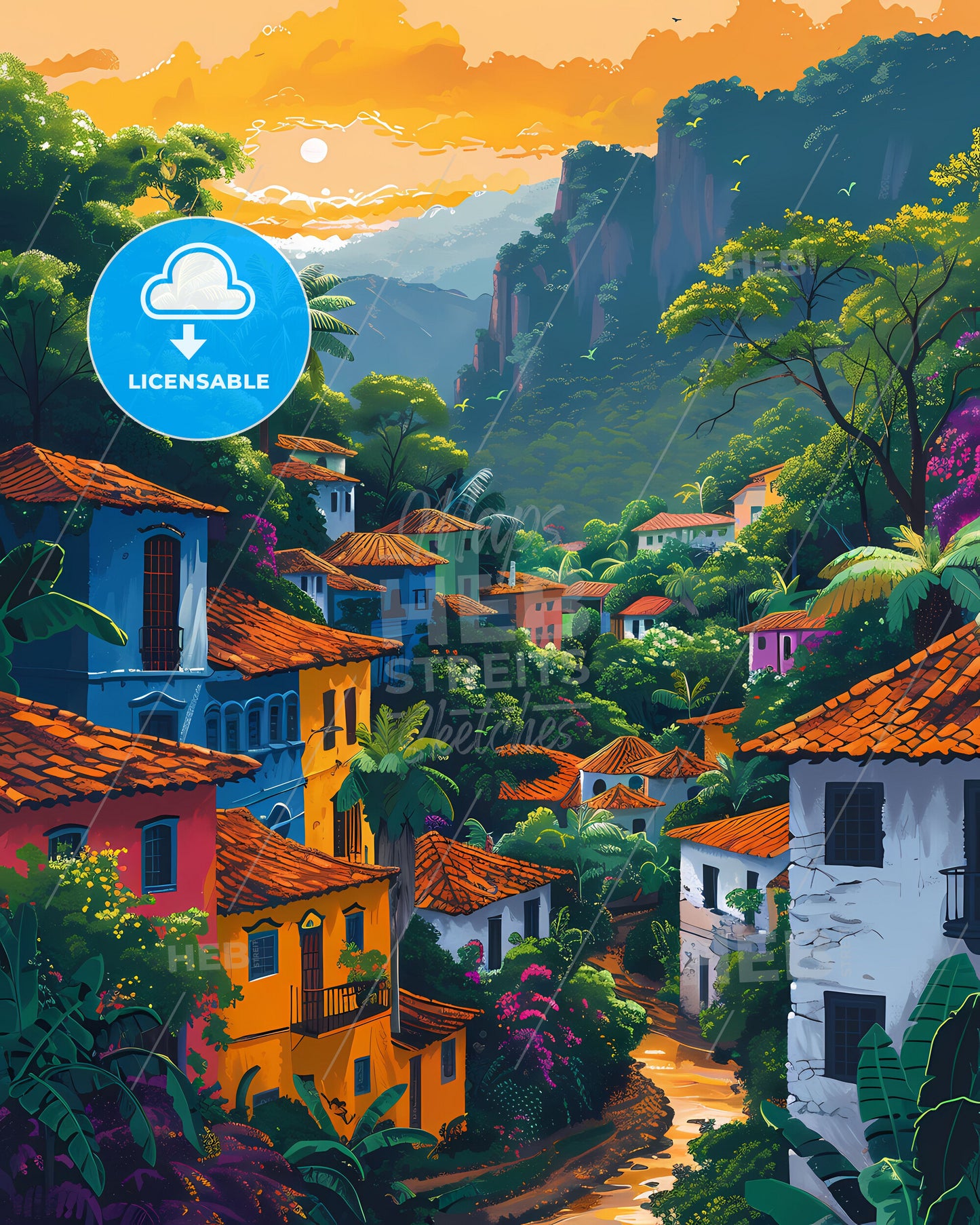 Colorful Art Painting of Paraguay, South America's Vibrant City with Trees and Mountains