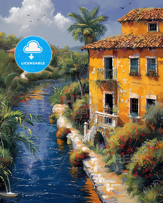 Abstract Painting: Vibrant South American Art of Colorful Building by River in Paraguay