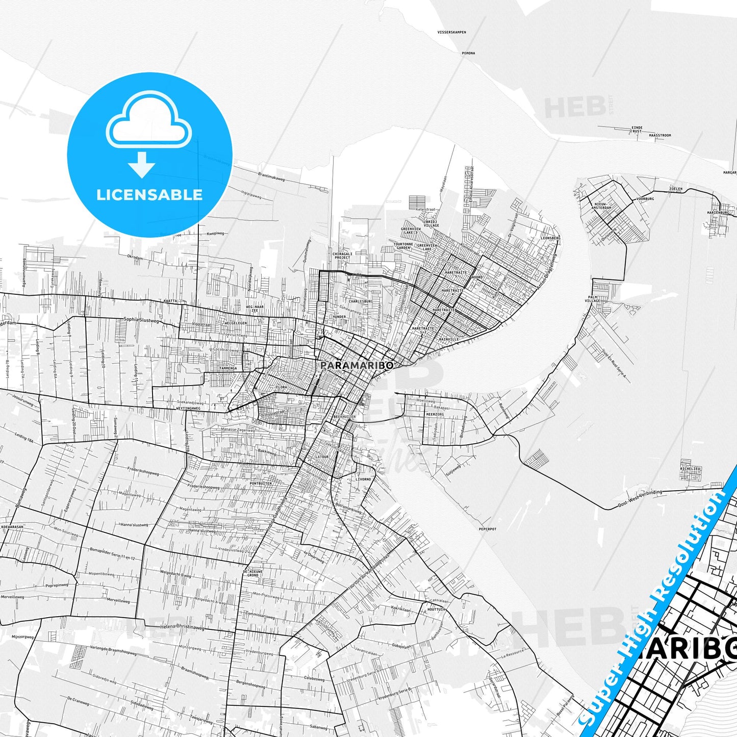 Paramaribo, Suriname light map with streetnames, citynames and districts
