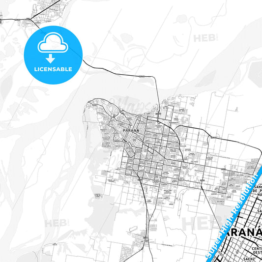 Parana, Argentina light map with streetnames, citynames and districts