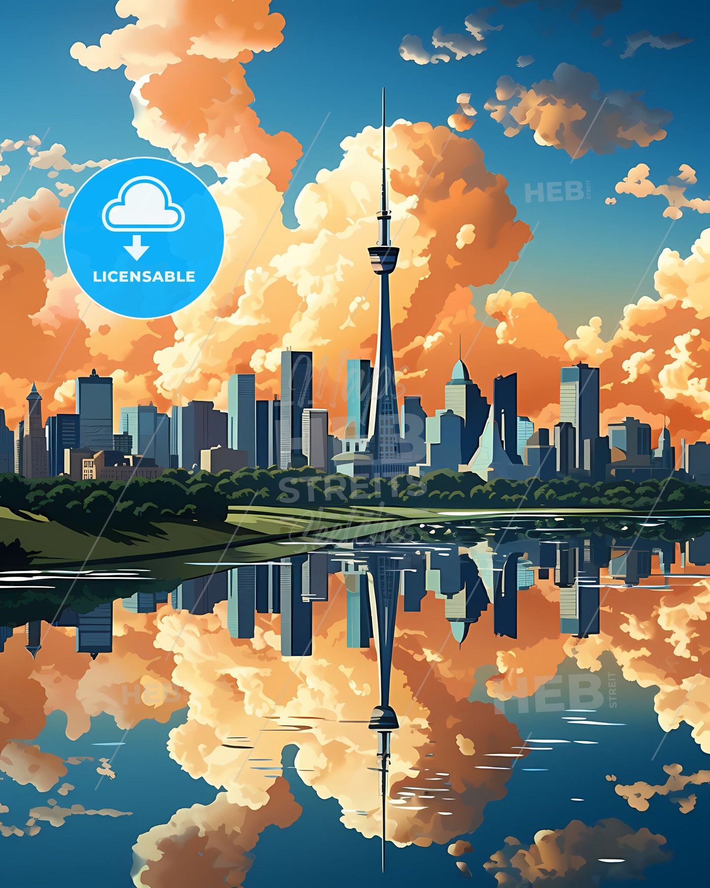 Cityscape Painting: Parana Argentina Skyline with Landmark Tower and River