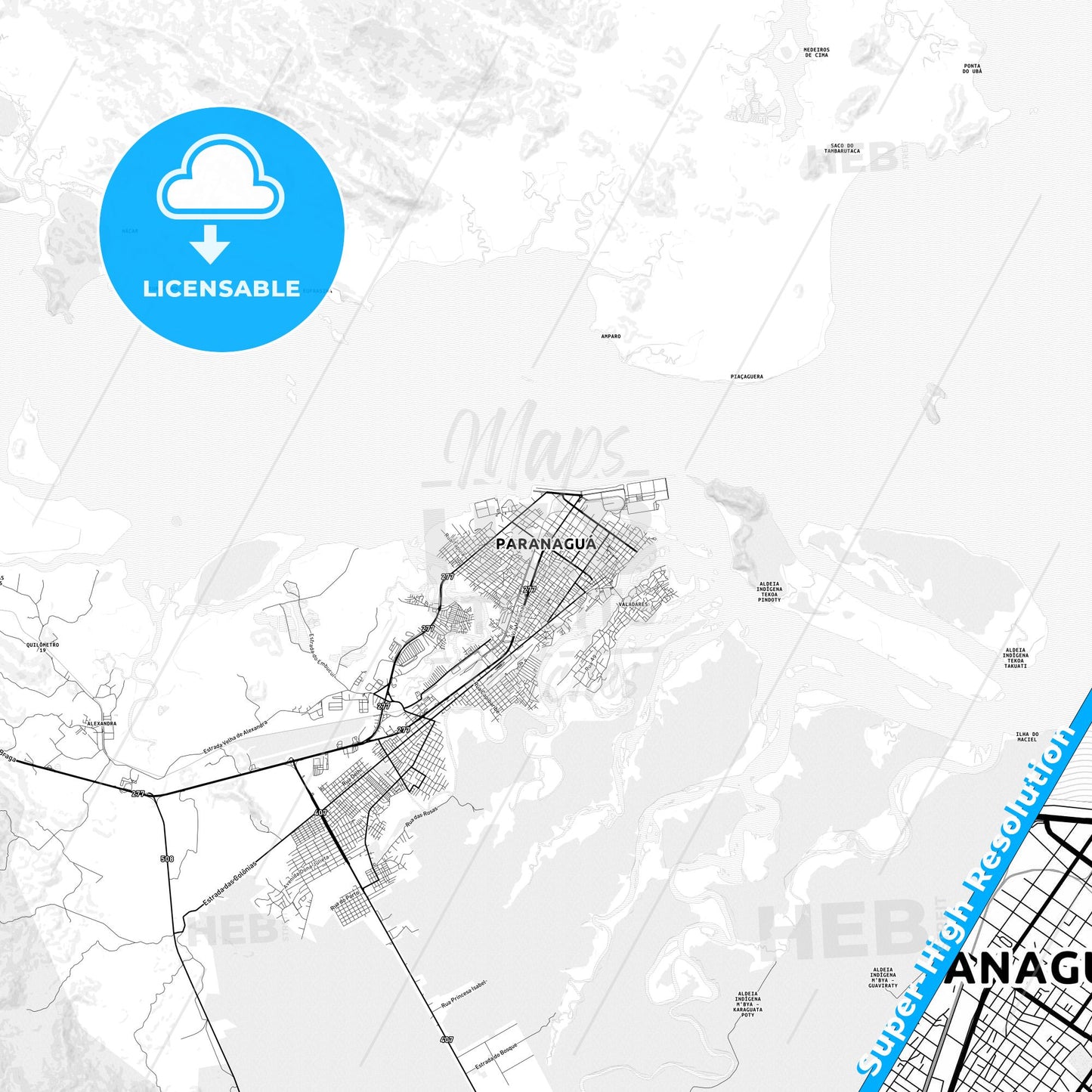 Paranagua, Brazil light map with streetnames, citynames and districts