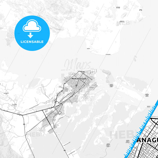 Paranagua, Brazil light map with streetnames, citynames and districts