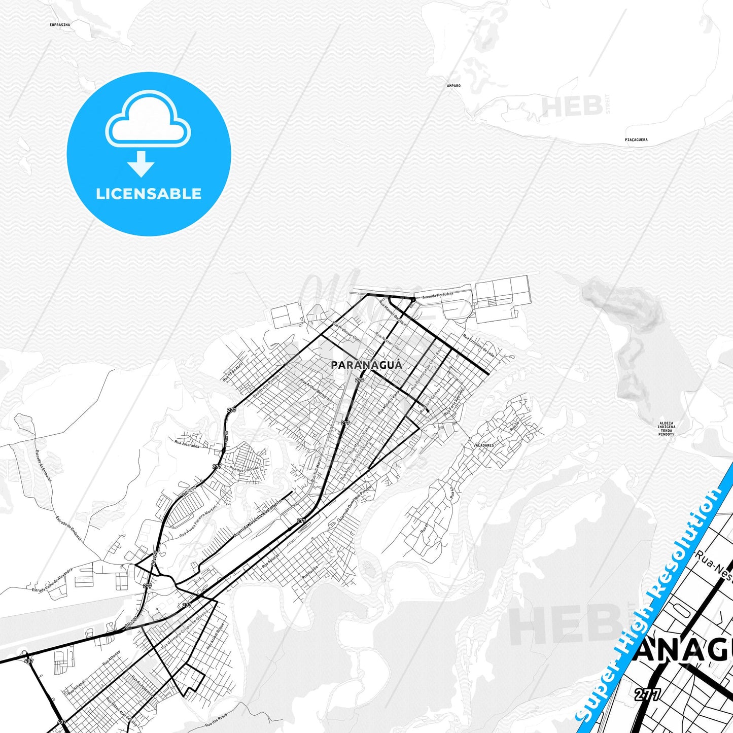 Paranagua, Brazil Light Map with Street Names, City Names, and Districts