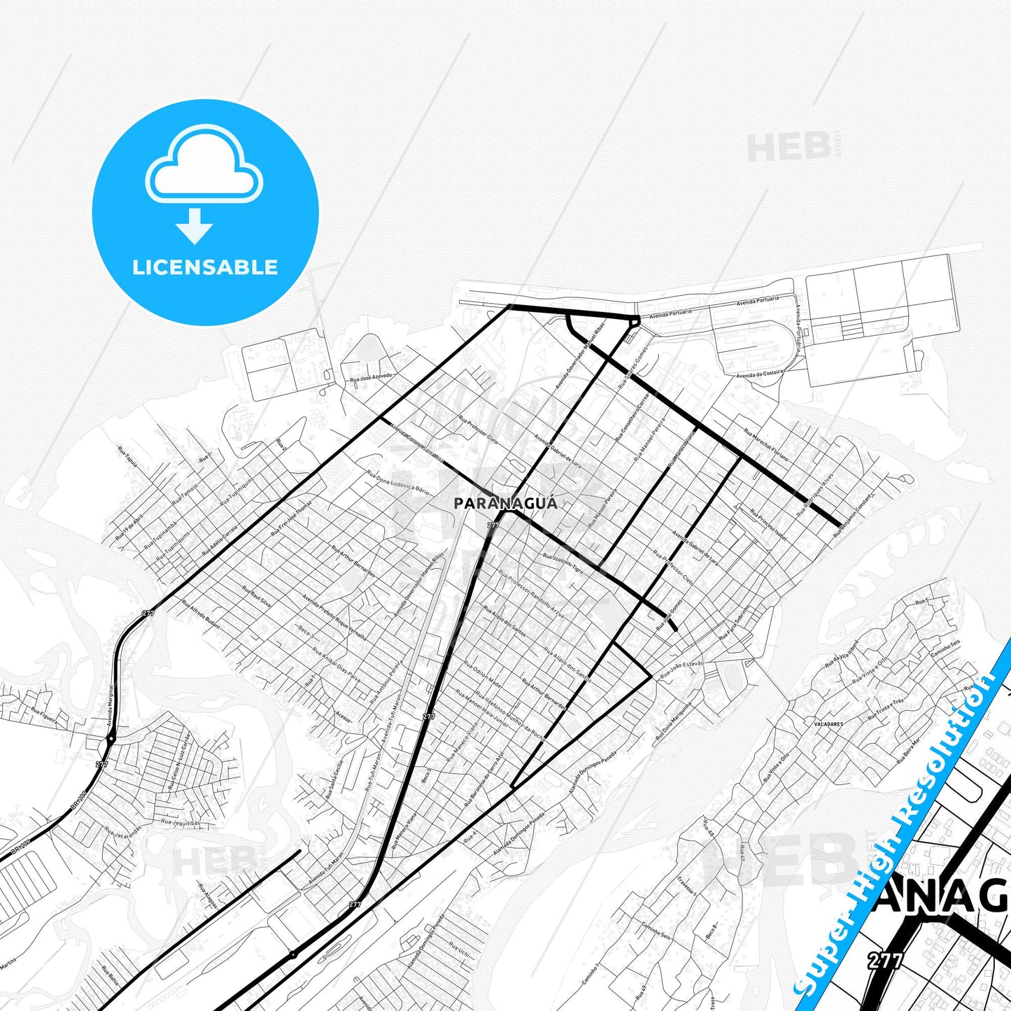 Paranagua, Brazil Light Map with Street Names, City Names, and Districts
