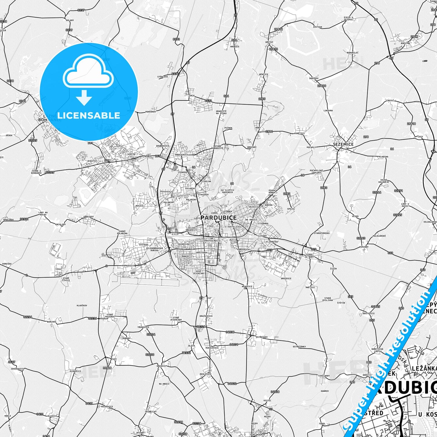 Pardubice, Czechia light map with streetnames, citynames and districts