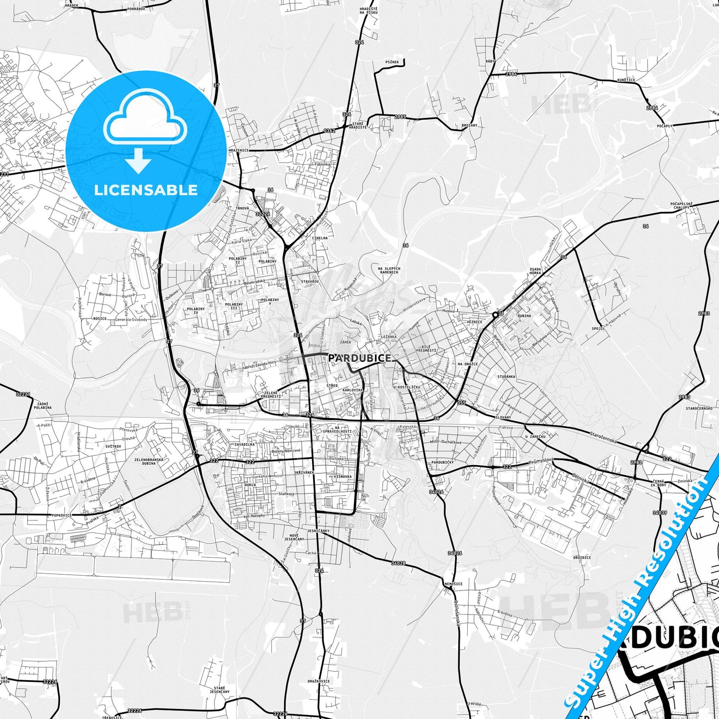 Pardubice, Czechia Light Map with Street Names, City Names, and Districts