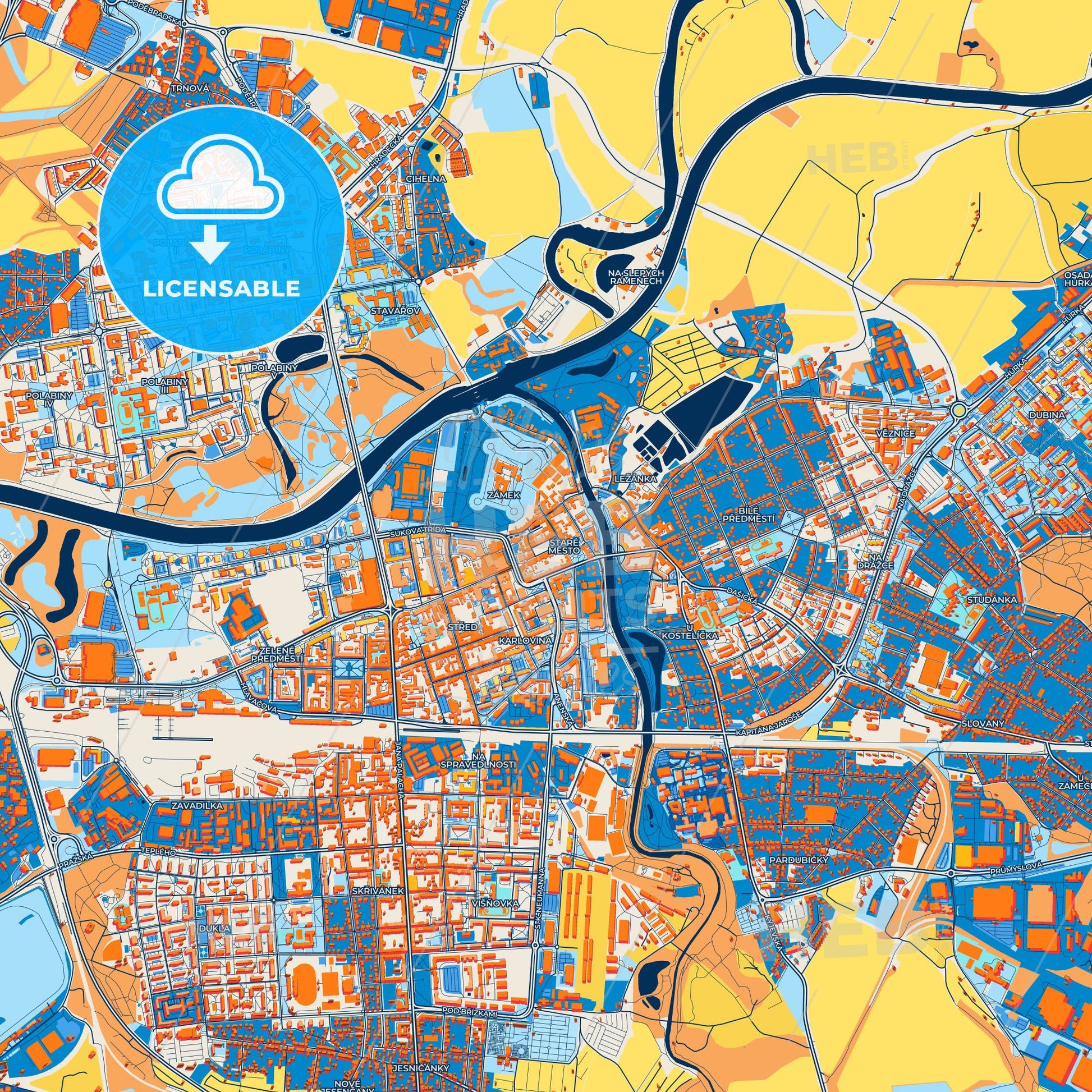 Colorful Pardubice Street Map with Labels and Buildings