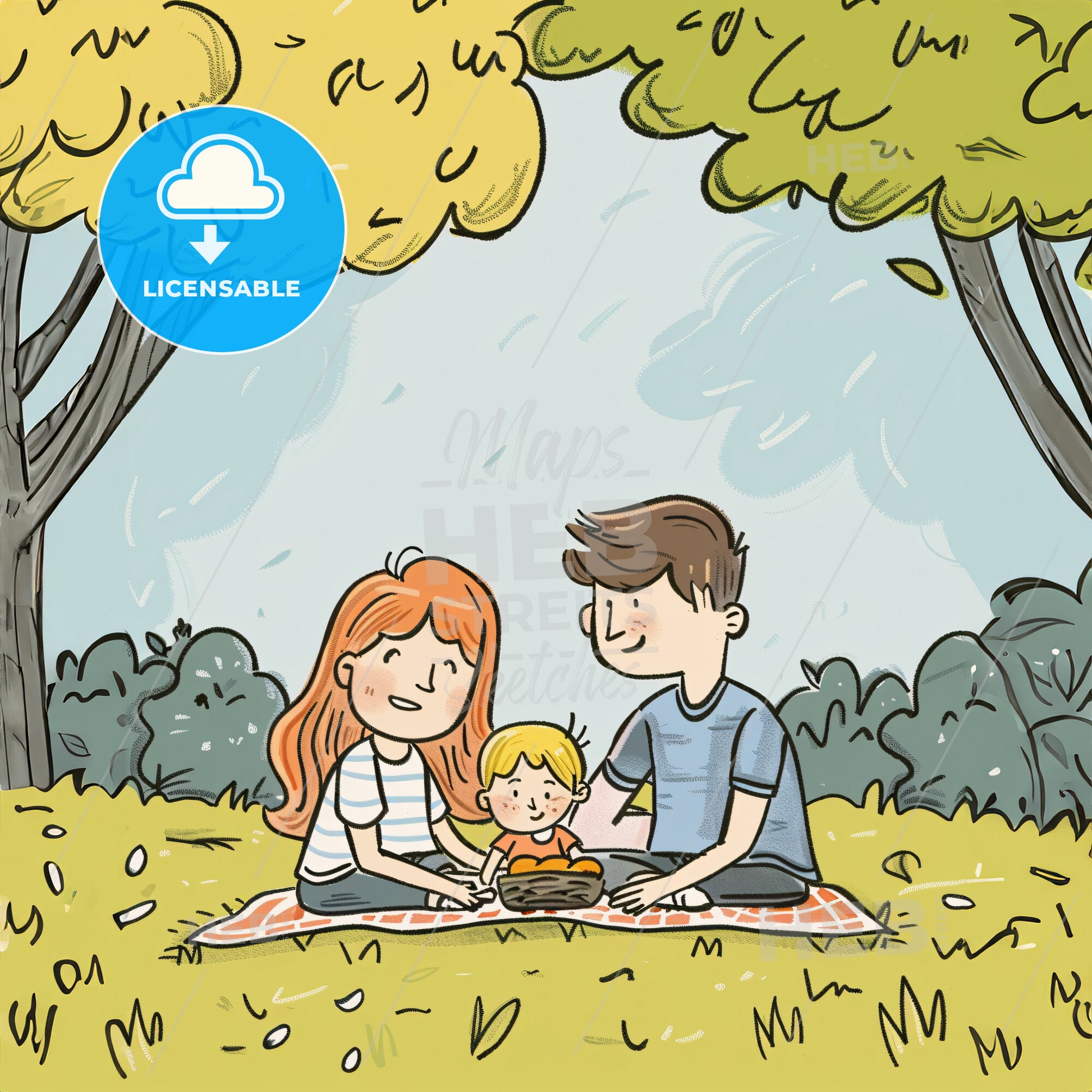 Parents And Their Two Toddlers Having A Picnic In The Park - A Cartoon Of A Family Sitting On A Blanket Under Trees